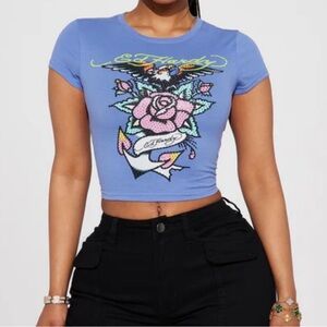 ED HARDY Pale Blue Graphic Print Crop Top Tee